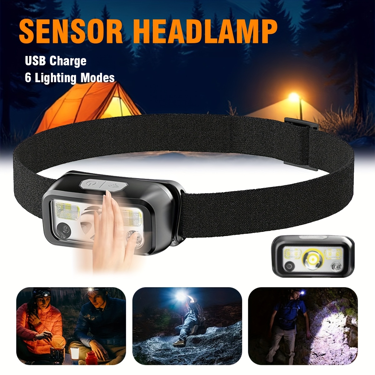 Fishing Headlamp - ไฟหน้าแบบเซ็นเซอร์ LED COB อันทรงพลัง ไฟหน้าแบบชาร์จ USB