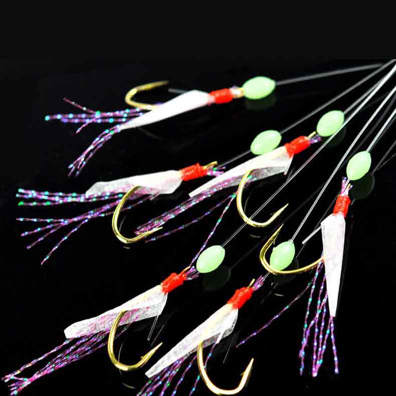 Saltwater Fishing Hook - ชุดเบ็ดตกปลาซับิกิ 6 ตัวเบ็ด สำหรับตกปลาทะเล พร้อมเหยื่อปลอม หนังปลาจริง