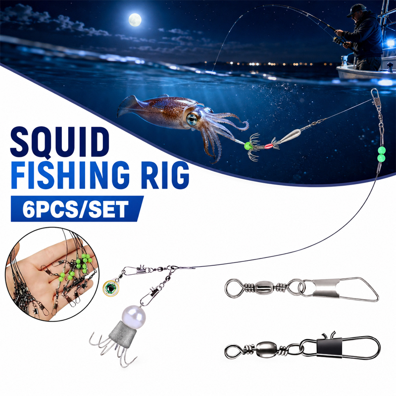 Saltwater Fishing Hook - ชุดอุปกรณ์ตกปลาหมึก 6 ชิ้น ตะขอตกปลาหมึกยักษ์ สายไนลอนป้องกันการพันกัน อุปกรณ์ตกปลาปลาหมึกยักษ์