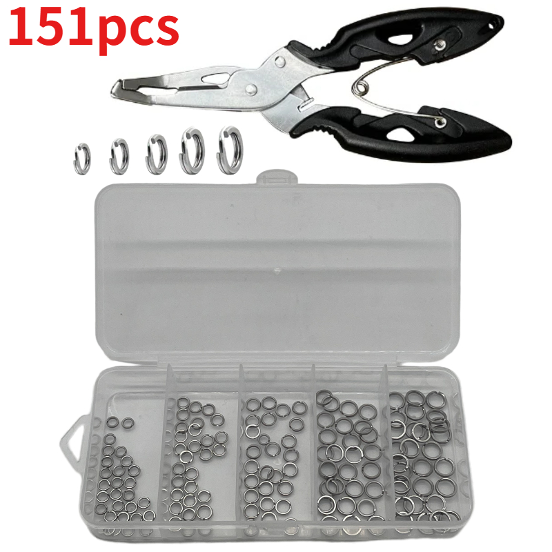 Fishing Pliers - ชุดตัวเชื่อมต่อแหวนแยกสแตนเลสสำหรับตกปลา 151 ชิ้น พร้อมแหวนเปิดสแตนเลสและคีมตกปลา อุปกรณ์ตกปลา