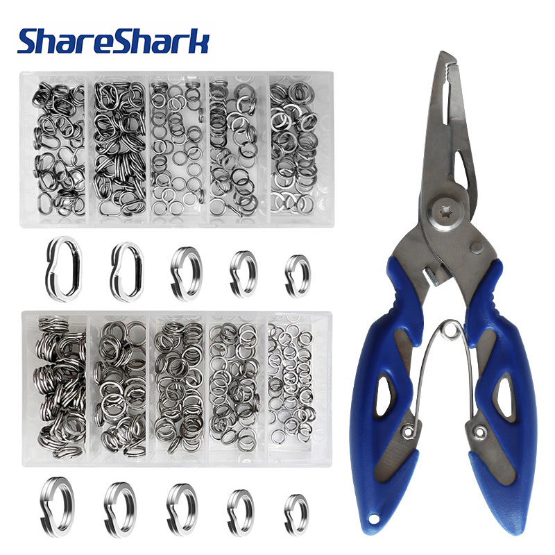 Fishing Pliers - ชุดอุปกรณ์เชื่อมต่อเหยื่อตกปลา ShareShark 200 ชิ้น วงแหวนสแตนเลสแบบแยกส่วน พร้อมคีมตกปลา