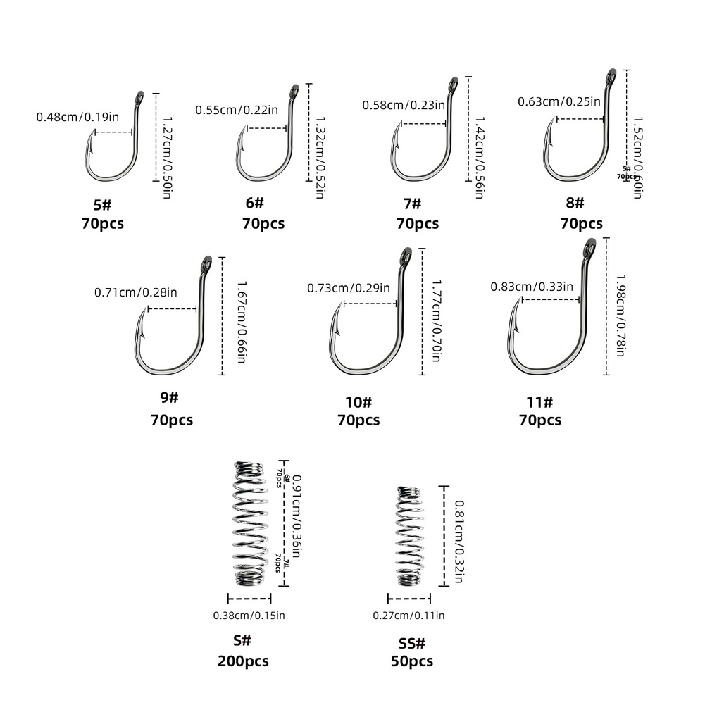 Saltwater Fishing Hook - ชุดเบ็ดตกปลาแบบสปริง 730 ชิ้น พร้อมที่เก็บเหยื่อ สำหรับตกปลาคาร์พ ตะขอเหล็กกล้าคาร์บอน